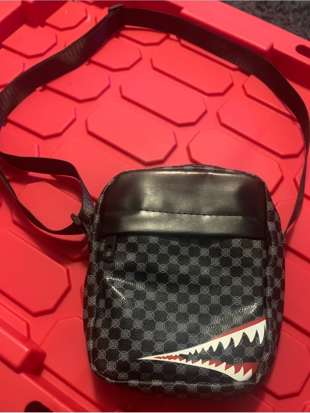 Black Patterned Crossbody Bag with Shark Tooth Graphic #crossbody #unisex backpk